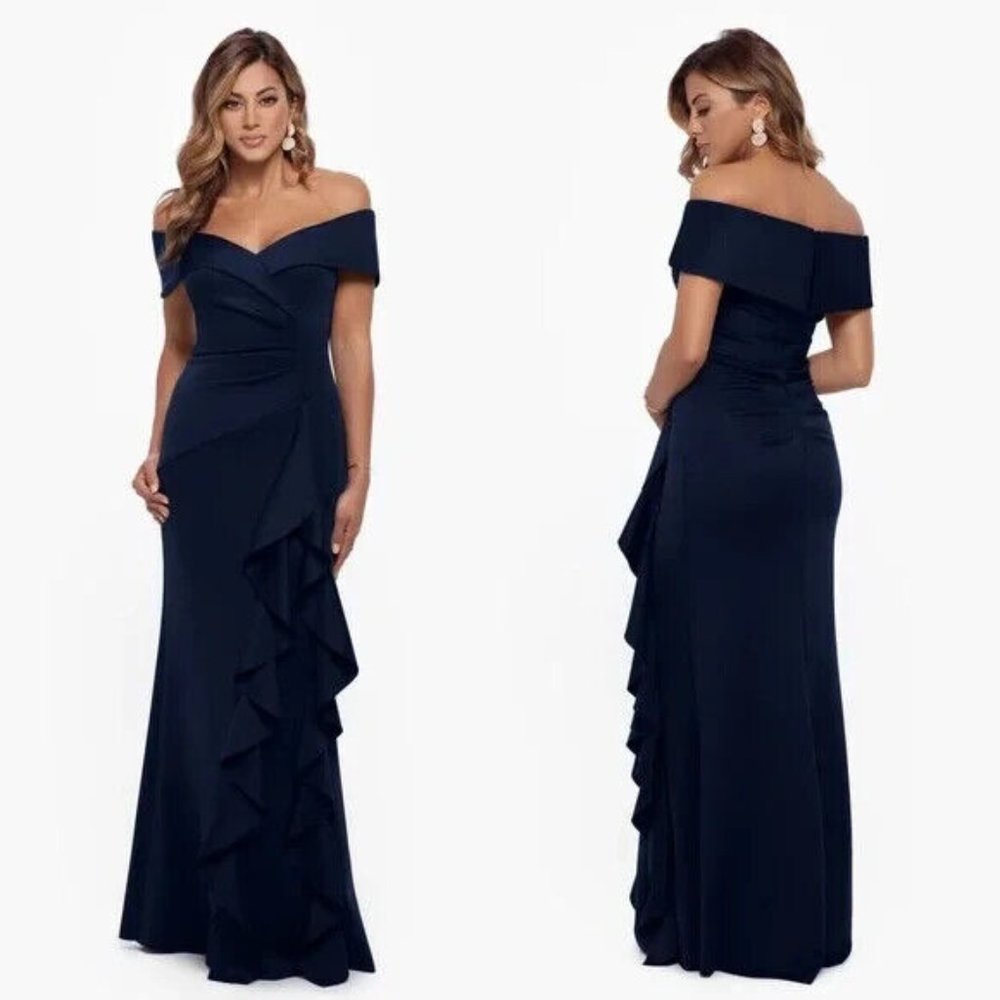 Xscape Navy Blue Ava Off The Shoulder Side Ruffle Evening Gown